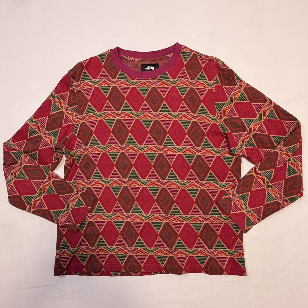 Stussy Sweater Mens Small Red Geometric Knit Crewneck Pullover Cotton Casual